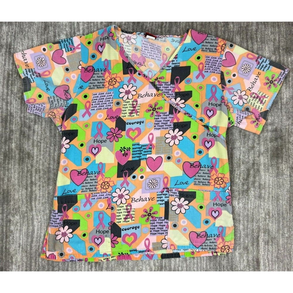 Sherly Uniforms Scrub Top Womens M Multicolor Breast Cancer‎ Awareness Mock Wrap